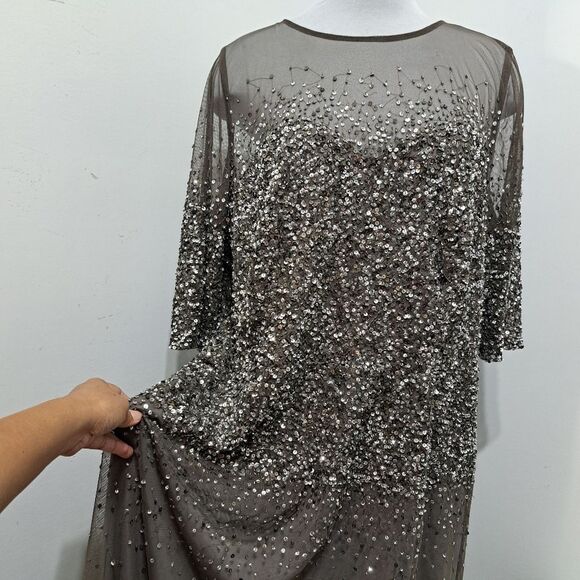 Adrianna Papell Beaded Illussion  Party Gothic Boho Maxi Gown Size 22W Lead/Gray - Picture 9 of 14